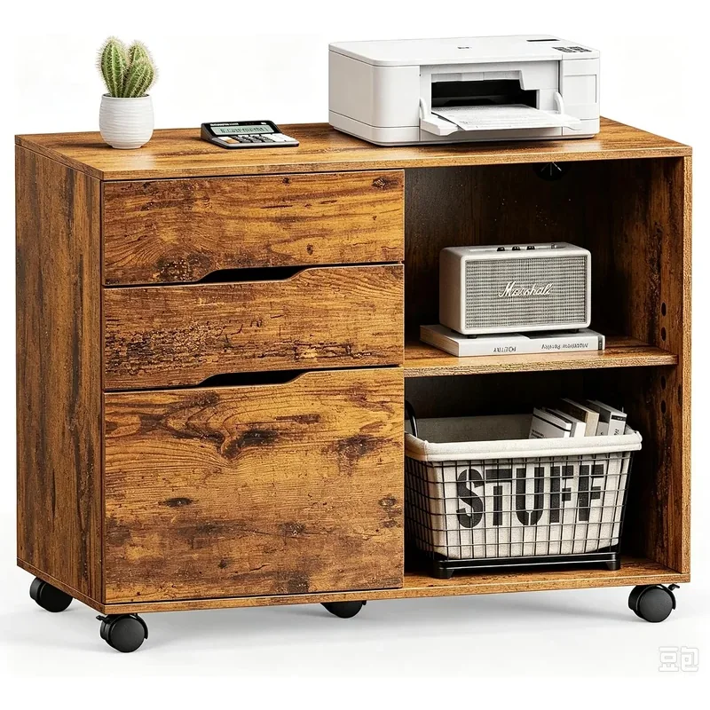 HULKFIT 3-Drawer Rolling Filing Cabinet, Rustic brown